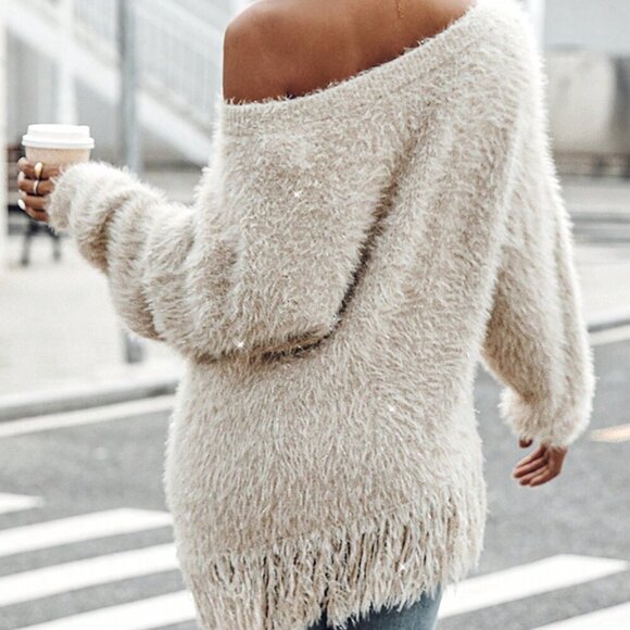 Casual Women's V-Neck Long Sleeve Sweater Fringe Pullover Tassel Top - Picture 3 of 4